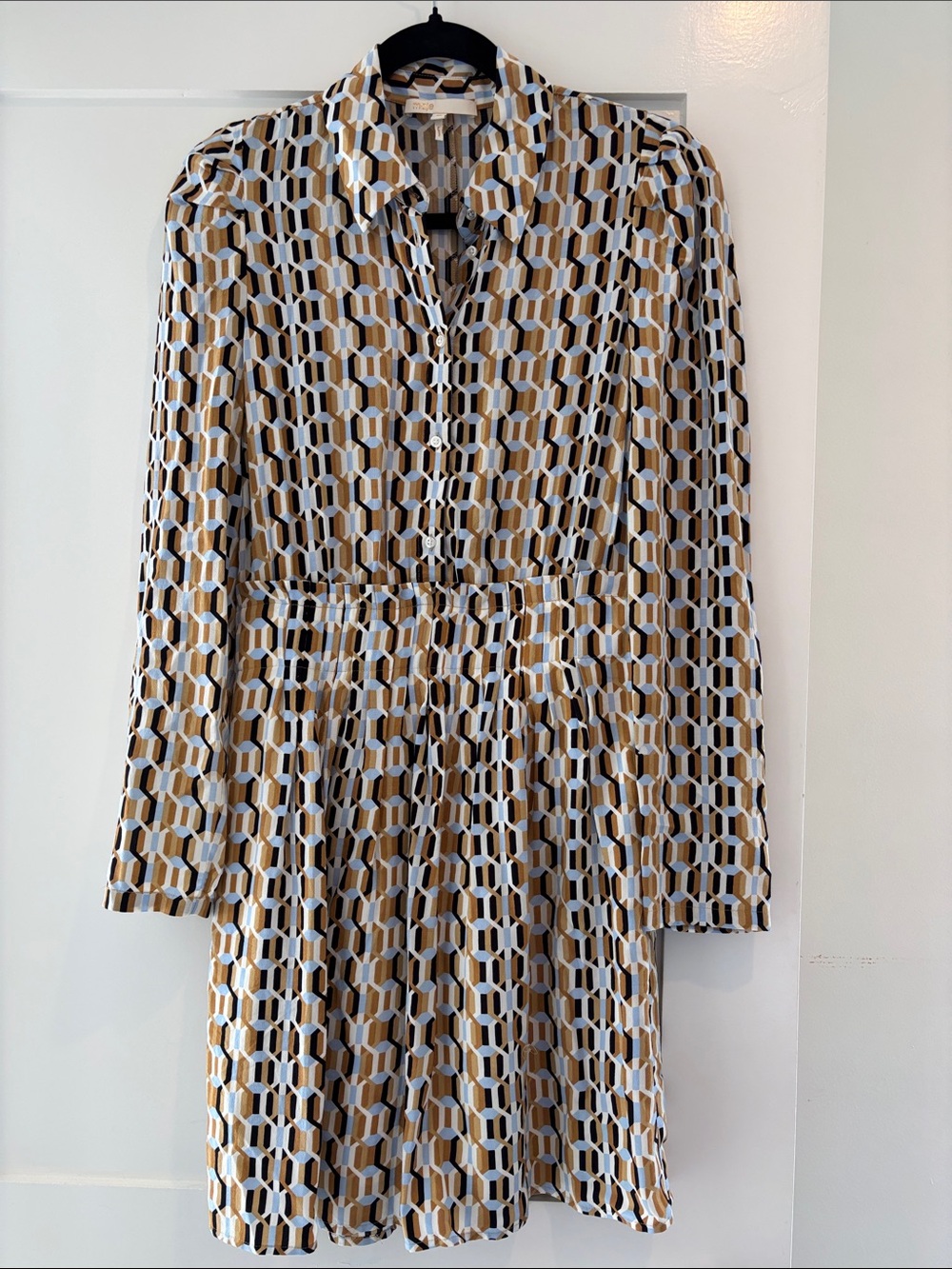 Maje Geometric Print Long-Sleeve Shirt Dress in Tan, Black, Blue & White